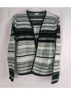 Cato Women's Black White Striped Open Front Cardigan Sweater Size Medium